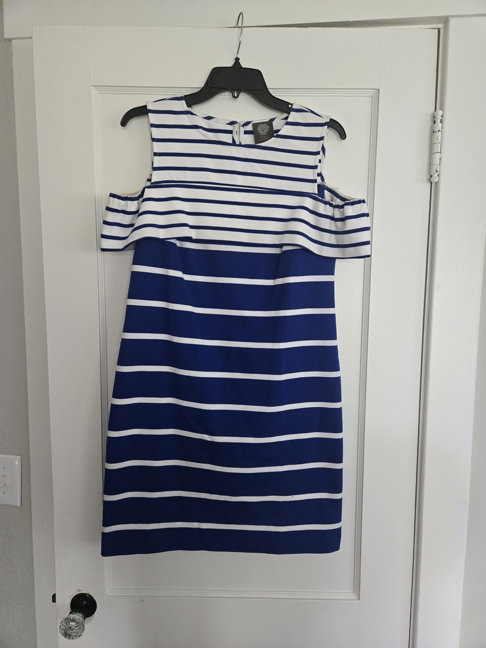 Vince Camuto Navy and White Striped Cold-Shoulder Midi Dress